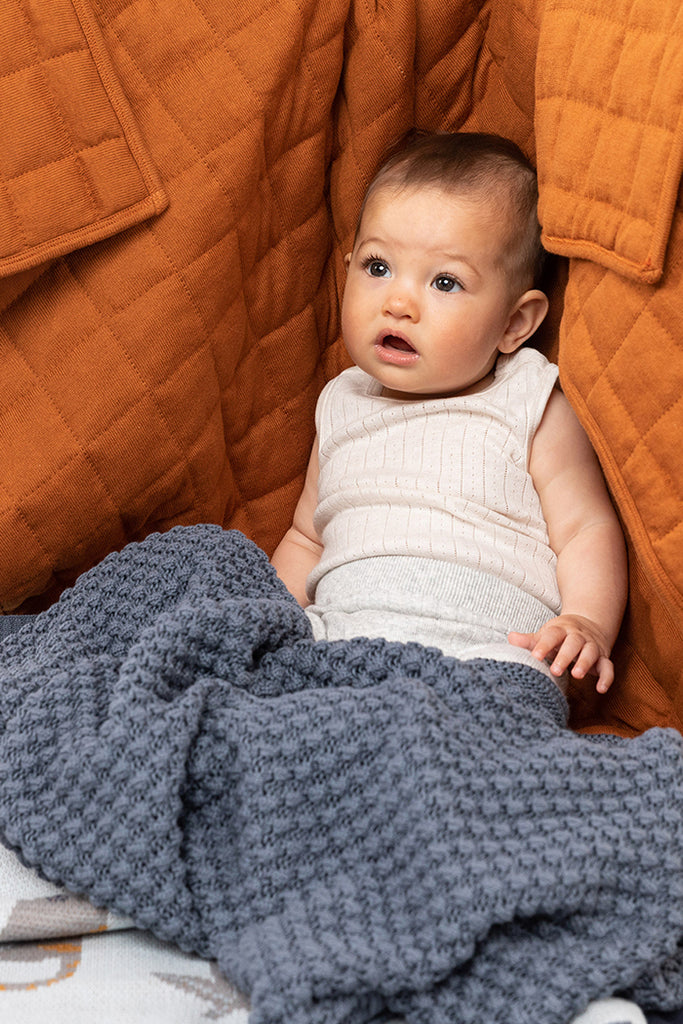 US stockist of Indus Design's "Marine" cotton mini popcorn blanket.