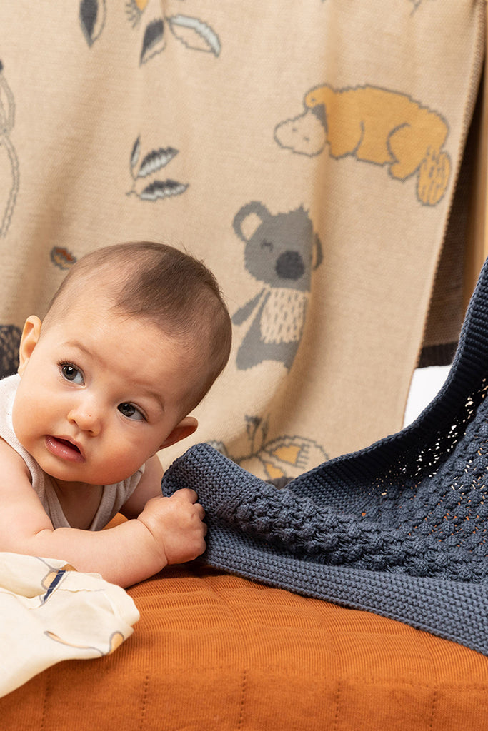 US stockist of Indus Design's "Marine" cotton mini popcorn blanket.