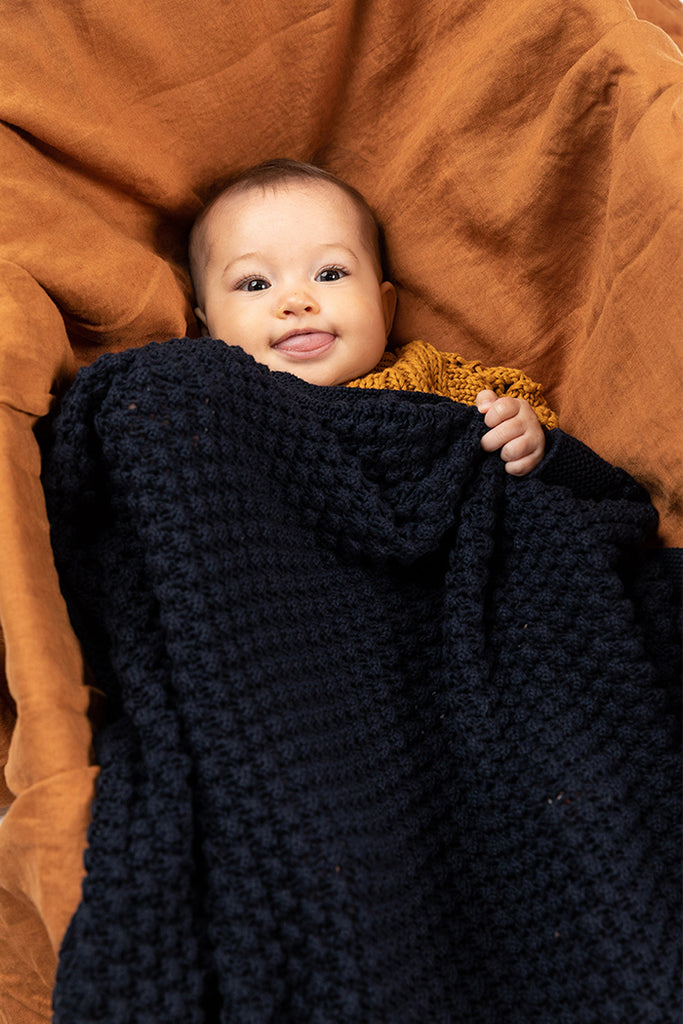 US stockist of Indus Design's Indigo cotton mini popcorn blanket