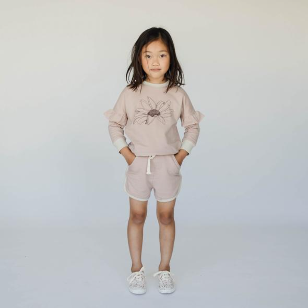 US stockist of Buck & Baa's organic terry cotton sweatshirt.  Shadow pink color with daisy print on front.
