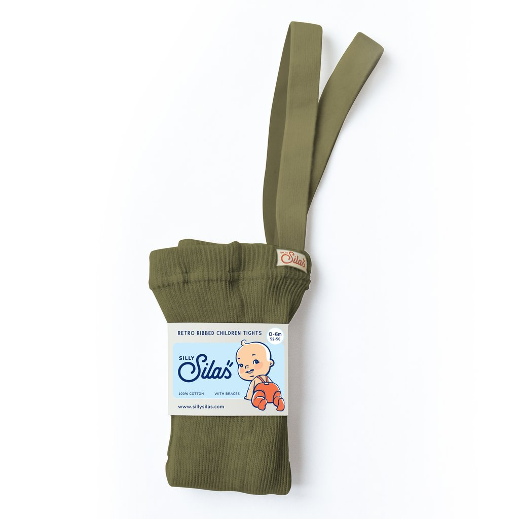 US stockist of Silly Silas gender neutral retro ribbed footed tights in olive.  Made from 100% cotton and features braces.