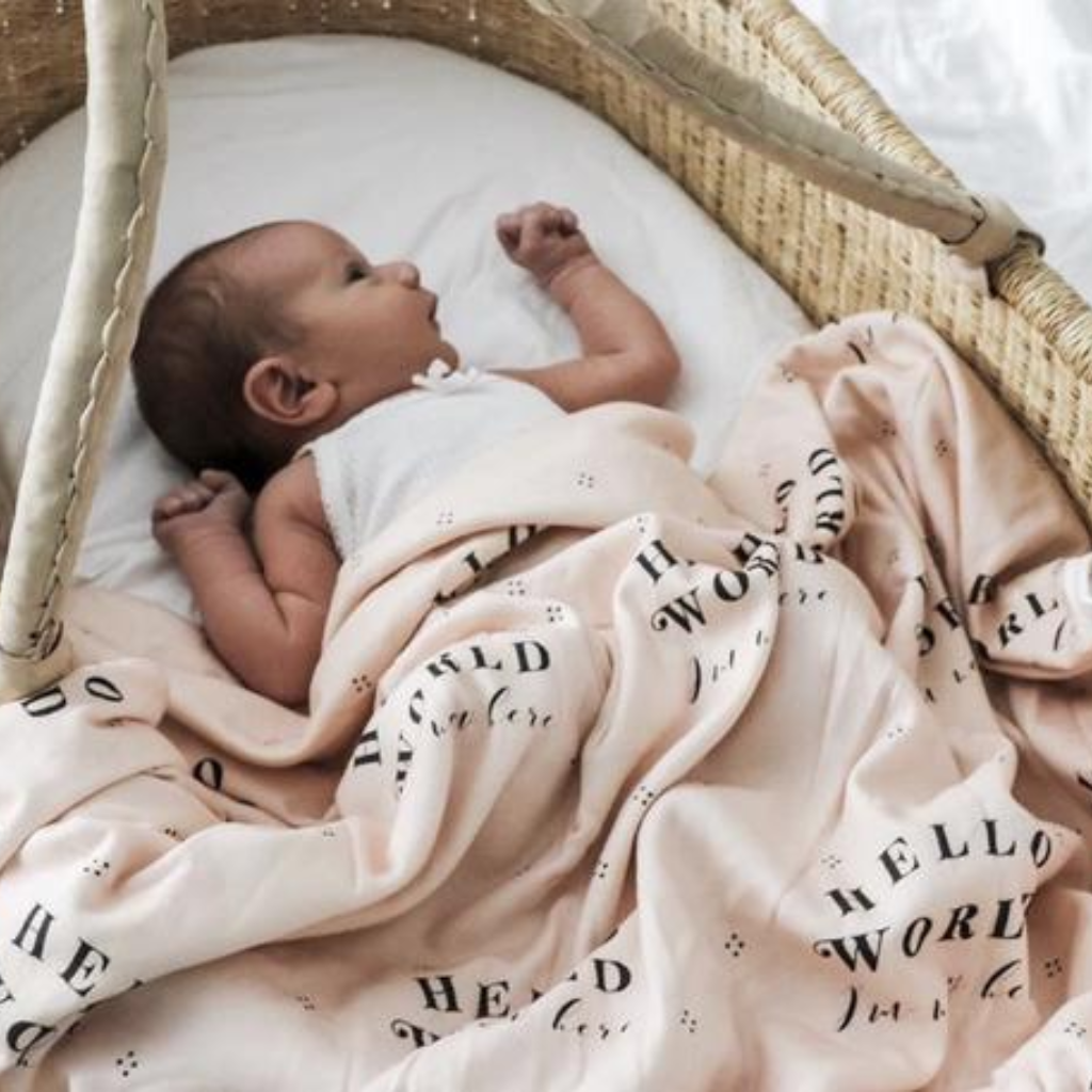 US stockist of Piper Bug peach jersey cotton wrap with hello world, I'm new here print