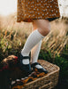 US stockist of Karibou Kid's Macaroon cotton socks. Light beige color with mesh texture and frill at top. Cotton blend.