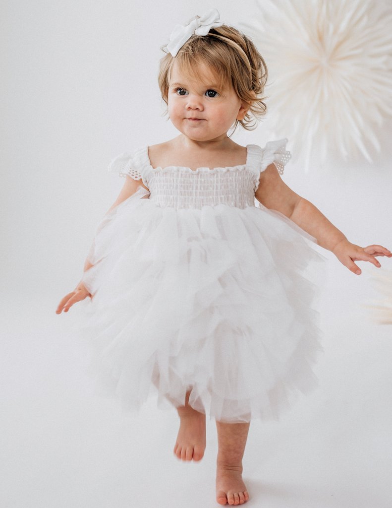 US stockist of Karibou Kids' Tiffany Tutu dress in White Cloud.