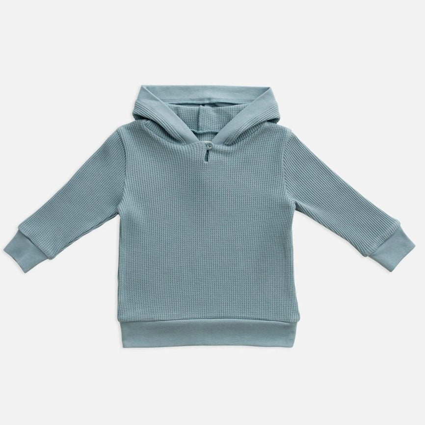 US stockist of Miann & Co's gender neutral slate baby waffle hooded sweatshirt.  Made from 100% waffle cotton.