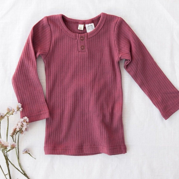 US stockist of Karibou Kids garden rose pink Willow ribbed long sleeve top