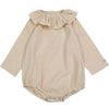 US stockist of Donsje's long sleeve chloe bodysuit in Buttercream.  Made from cotton with a ruffle neck.
